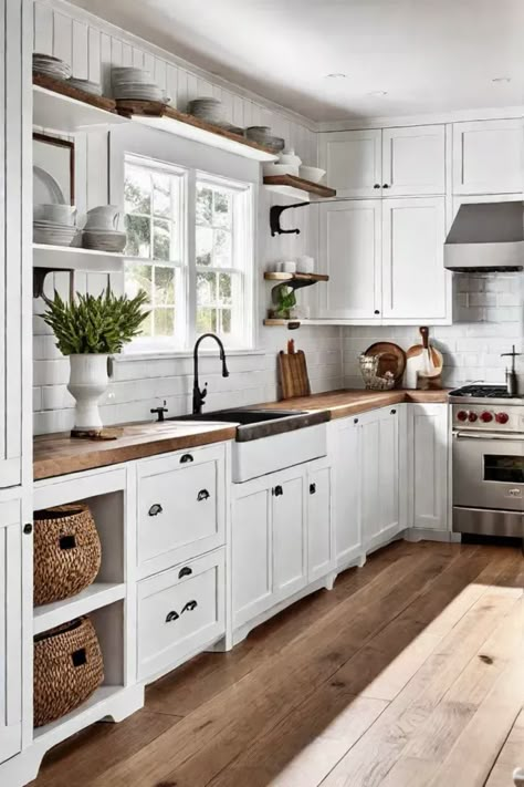 A cozy coastal kitchen with shiplap walls white cabinets and natural wood Natural Wood And White Kitchen Modern, White Wall Kitchen Ideas, White Kitchen Cabinets With Wood Accents, Kitchens With Shiplap Walls, Shiplap And Tile Backsplash, White Kitchen Cabinets With Wood Counter, White Kitchen Cabinets Wood Countertops, White Kitchen Cabinets Butcher Block Top, White Kitchen Wood Countertops