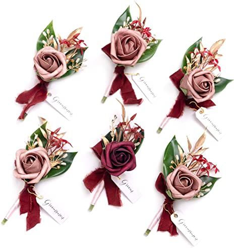 Amazon.com: Ling's moment Marsala Boutonniere for Men Wedding with Pins, Set of 6, Groom and Best Man Boutonniere for Wedding Ceremony Anniversary, Formal Dinner Party and French Rustic Fall Vintage Wedding : Home & Kitchen Wedding Ceremony Chairs, Blue Boutonniere, Boutonnieres Prom, Groomsmen Boutonniere, Prom Flowers, Groom Groomsmen, Foam Roses, Diy Wedding Bouquet, Emerald Wedding