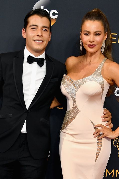 Sofia Vergara Has a Sweet Date With Her Son, Manolo, at the 2016 Emmys The Emmys, Joe Manganiello, Versace Dress, Atelier Versace, Sofia Vergara, Emmy Awards, Backless Dress Formal, White Formal Dress, Strapless Dress Formal