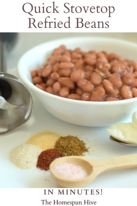 Quick Stovetop Refried Beans Recipe Refried Beans Seasoning, Making Refried Beans From Canned Beans, Stovetop Refried Beans, Quick Refried Beans Recipe, Make Refried Beans From Canned Beans, Diy Refried Beans From Can, Simple Refried Beans, Refried Beans Stovetop, Refried Beans Recipe From Canned Beans