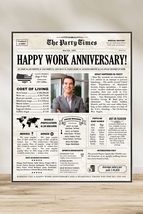 Mark this milestone work anniversary with a Personalized Newspaper, reliving memorable career moments! 10 Year Work Anniversary Party Ideas, Work Anniversary Celebration Ideas, 10 Year Work Anniversary Gift, 25th Work Anniversary Ideas, 20 Year Work Anniversary Ideas, Work Anniversary Party Ideas, Gift For Employees From Boss, Work Anniversary Party, Work Anniversary Ideas For Employees