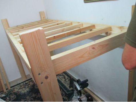 This was a post someone had and I used part of the idea for our frame thanks How To Build A Loft Bed Diy Step By Step, Playground Basement, Loft Bed Diy, Build A Loft, Build A Loft Bed, Loft Bed Ideas, Diy Loft, Loft Bed Plans, Bed Idea