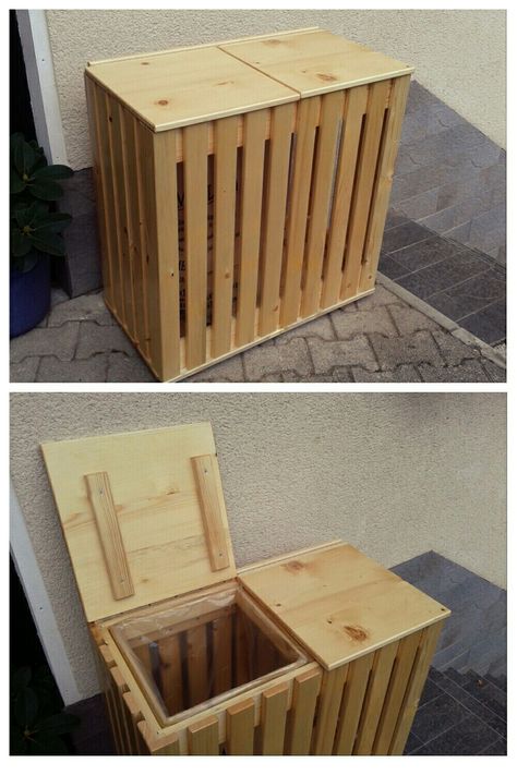 Indoor Recycling Bins, Wood Bin, Wooden Bins, Recycling Storage, Recycling Station, Wood Waste, Diy Wooden Projects, Diy Wood Projects Furniture, Diy Pallet Projects