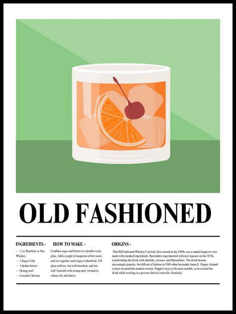 Old Fashioned Cocktail Illustration, Cocktail Poster Design Graphics, Oldfashion Cocktail, Vintage Cocktail Poster, Whiskey Illustration, Retro Cocktails, Cocktail Menu Design, Whiskey Poster, Cocktails Drawing