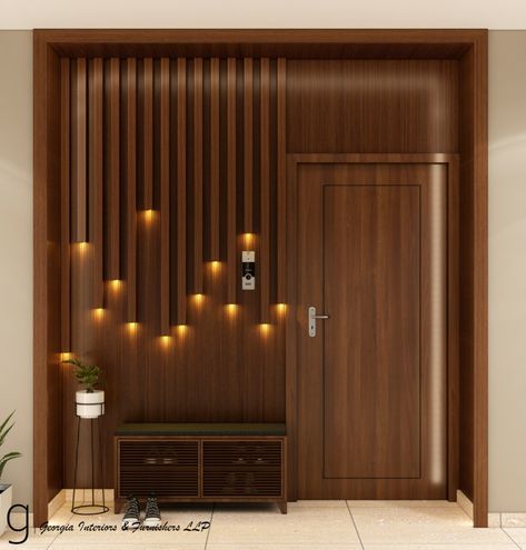 Wooden Panelling Wooden Foyer Entrance, Main Entry Wall Design, Entrance Wall Panelling Design, Entrance Panelling Design, Main Door Panelling Design, Entrance Panelling, Main Entrance Wooden Doors, Door Panelling, Veneer Wardrobe