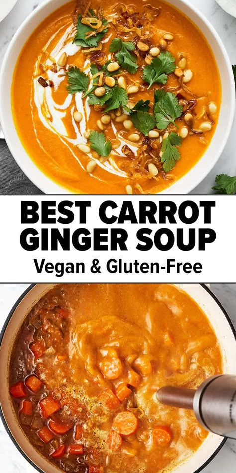 Carrot ginger soup recipe Carrots Recipe Healthy, Carrot Ginger Soup Recipe, Vegan Carrot Soup, Carrot Soup Recipes, Carrot Ginger Soup, Ginger Soup, Veg Soup, Fall Soup Recipes, Vegan Soup Recipes