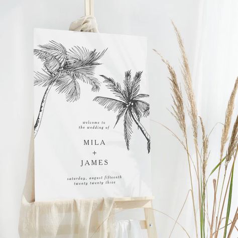 Modern Tropical Minimalist Wedding Welcome Sign Tropical Minimalist Wedding, Foam Board Welcome Sign, Board Welcome Sign, Welcome Sign Design, Mauritius Wedding, Wedding Foam Board, Minimalistic Line Art, Tropical Minimalist, Elegant Beach Wedding