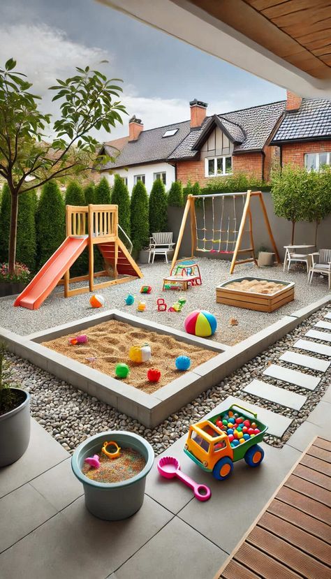 Garden Children Play Area, Gravel Patio Ideas, Outdoor Kids Play Area, Kids Backyard Playground, Play Area Backyard, Backyard Kids, Backyard Kids Play Area, Gravel Patio, Kids Backyard