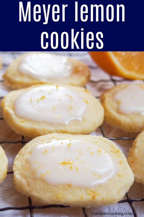 These Meyer lemon cookies are a wonderful balance of fresh citrus, sweetness and melting crumbliness. So good, they're a delicious addition to any cookie plate. Make use of Meyer lemons when you can get them to enjoy! (Can also use regular lemons when not available) Meyer Lemon Cookies, Lemon Recipes Healthy, Meyer Lemon Recipes, Holiday Baking List, Chicory Recipe, Salted Caramel Brownies, Cookie Plate, Sprinkle Cookies, Meyer Lemon