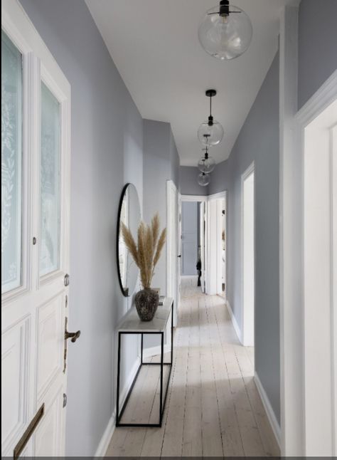 Light Blue Hallway Walls, Bright Staircase Ideas, Blue Gray Hallway, Hallway And Landing Paint Ideas, Blue Hallway Aesthetic, Narrow Hallway Color Ideas, Dusty Blue Hallway, Hallway Painting Ideas Narrow, Hallways Paint Ideas