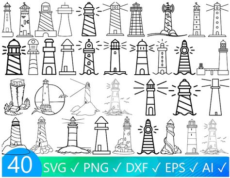 40 Lighthouse Designs Lighthouse Svg Lighthouse Dxf - Etsy Australia Lighthouse Doodles, Doodle Lighthouse, Line Art Lighthouse, Lighthouse Svg, Lighthouse Drawing, Lighthouse Crafts, Doodle Art Flowers, Seaside Art, Lighthouse Art