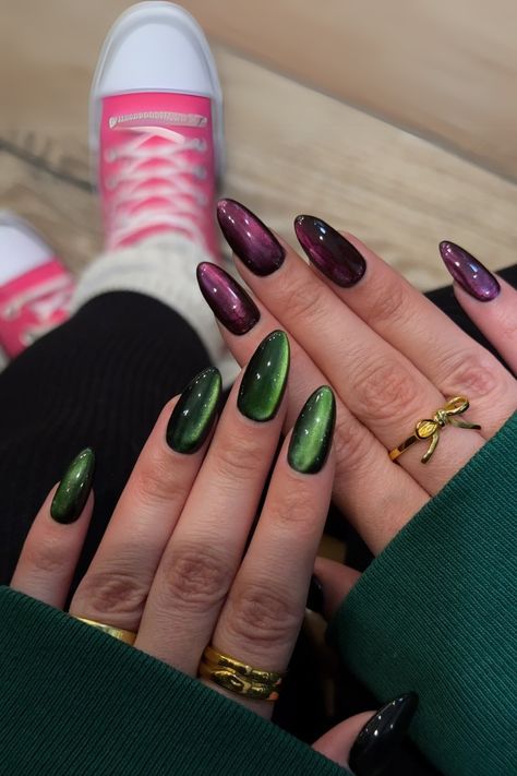 Purple Green Ombre Nails, Purple Green Gold Nails, Purple Green And Gold Nails, Green And Purple Nail Designs, Purple Yellow Nails, Purple Green Nails, Green And Purple Nails, Purple And Green Nails, Ombre Gradient