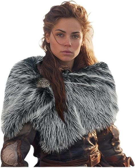 Junova Medieval Brooch Fur Collar Wrap Fur Stole Faux Fur Shawl Women Viking Warrior Costume Accessories LARP GoT(Gray) at Amazon Women’s Clothing store Fur Shawl Pattern, Women Viking Warrior, Amazon Warrior Women, Viking Warrior Costume, Women Viking, Celtic Crafts, Warrior Costume, Faux Fur Shawl, Amazon Warrior