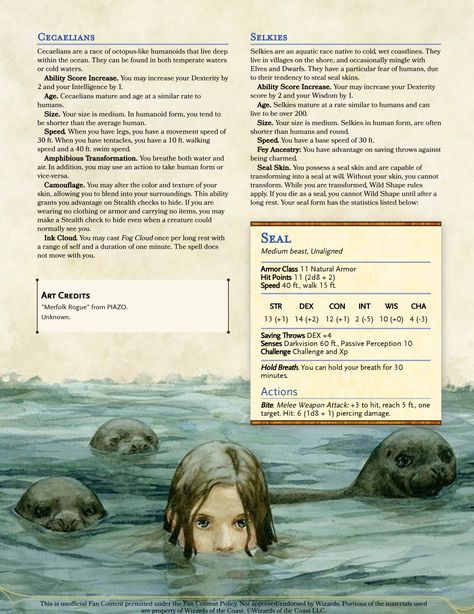 Dnd Octopus Race, D&d Feywild, Mermaid Dnd Character, Male Selkie Character Design, Siren Dnd, Dungeons And Dragons Races, Dnd Stories, Dnd Classes, D D Character Ideas