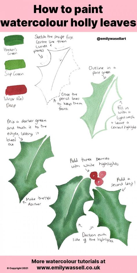 Watercolour Holly Leaves, Watercolor Holly Leaves, Christmas Holly Painting, How To Paint Holly Leaves, Sketching For Watercolour Painting, Beginner Christmas Watercolor, Painted Holly Leaves, How To Draw Holly Leaves, Watercolour Holly