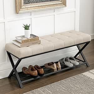 LUE BONA 44.5” End of Bed Bench with Shelf, Linen Tufted Upholstered Storage Shoe Bench, Modern Bedroom Bench with Metal Legs for Living Room, Entryway, Dining Room, 300LB, Linen Color Bench At End Of Queen Bed, Bench Area In Living Room, Entry Hall Bench Ideas, Small Bench Entryway, Closet Seating, Bench Closet, Entry Hall Bench, Entryway Ideas With Bench, Entryway Bench With Storage