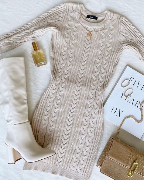 Ivory Sweater Dress Outfit, Nye Nyc, Sweater Dress Outfit Winter, Dress Outfit Winter, Ivory Sweater Dress, Bodycon Sweater, Sweater Dress Outfit, Bodycon Sweater Dress, Winter Dress Outfits