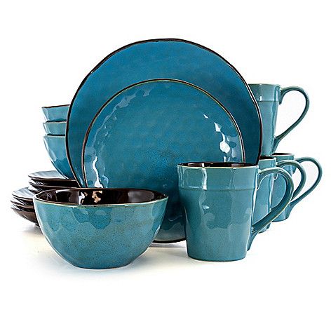 ShopHQ Shopping - Elama Sea Glass 16 Piece Luxurious Stoneware Dinnerware Complete Set for 4. Add some color to your table setting with the stunning Sea Glass 16 Piece Dinnerware Set by Elama. With a relaxing tone of Turquoise and subtle textured patt Table Settings Ideas, Blue Dinnerware, Casual Dinnerware, Stoneware Dinnerware Sets, Patterned Plates, Set Table, Stoneware Dinnerware, Blue Texture, Dish Sets