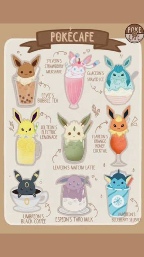 Pokemon As Food, Evee Evolution Art, Eevee Evolutions Wallpaper, Evoluzioni Eevee, Cafe Stickers, All Eevee Evolutions, Pokemon Evolutions, Retro Nintendo, Eevee Cute