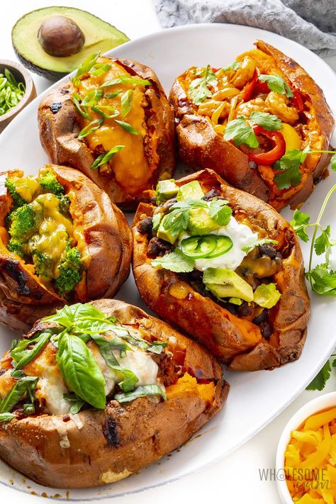 Stuffed Sweet Potatoes (5 Ways!) - Wholesome Yum Stuffed Sweet Potato Recipes Healthy, Stuffed Sweet Potato Recipes, Potato Meals, Cheese Shrimp, Stuffed Sweet Potato, Chicken Broccoli Cheese, Diet Lunch, Stuffed Sweet Potatoes, Wholesome Yum