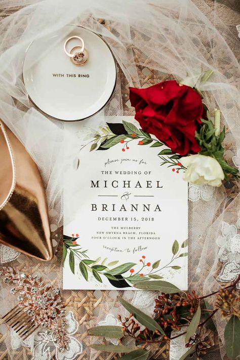 Click to see more from this Christmas inspired wedding!   If you are one of those people who are already counting down the days until Christmas, we have just the wedding for you at The Mulberry in Central Florida! This holiday inspired invitation suite is finished off with bridal details from the wedding day!   #christmaswedding #weddingflowers #redweddingflowers #bridesmaidposes #bridesmaidpictureideas #weddingpartyposes #redbridesmaiddressideas #bridesmaiddress #winterwedding Mulberry Wedding, Christmas Themed Wedding, Christmas Wedding Invitations, Red Wedding Flowers, Gold Holiday, December Wedding, Romantic Wedding Photos, New Smyrna Beach, Mint Wedding