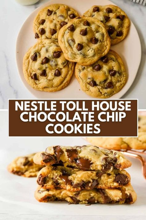 The Best Nestle Toll House Cookie Recipe. How to make the classic Nestle Chocolate Chip Cookie Recipe. This is one of the most popular soft chocolate chip cookie recipes in the world! Nestle Cookie Recipe, Choclate Chip Cookie Recipe, Nestle Chocolate Chip Cookie Recipe, Original Toll House Cookie Recipe, Nestle Toll House Chocolate Chip Cookies, Toll House Cookie Recipe, Soft Chocolate Chip Cookie, Toll House Chocolate Chip Cookies, Nestle Tollhouse Chocolate Chip Cookies