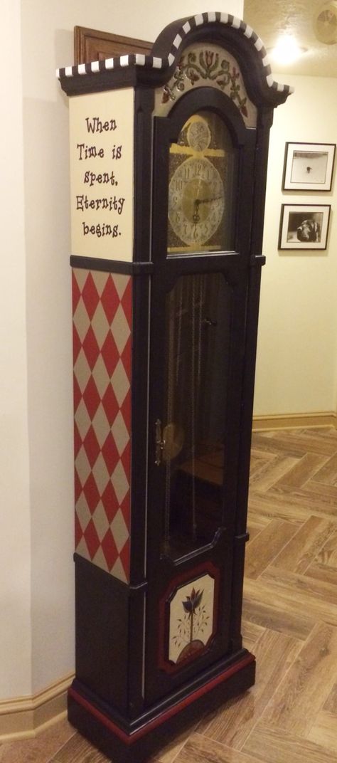 Painted Grandfather Clock Painted Grandfather Clock Ideas, Redone Grandfather Clocks, Refinished Grandfather Clock, Painted Grandfather Clock, Grandmother Clocks, Painted Clocks, Spooky Grandfather Clock, Clock Makeover, Grandmother Clock