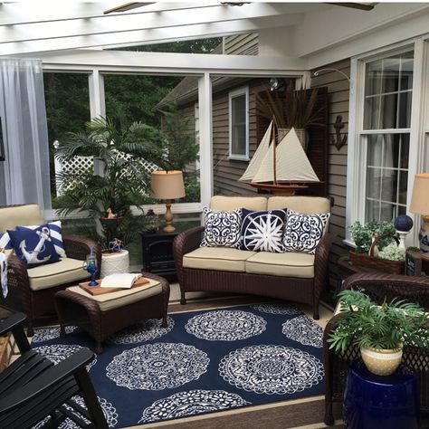 Changing over my green and navy blue "spring" porch to my nautical navy and khaki decor for summer (swipe pic to left). Sharing my screened in porch oasis for #makehomeyourhaven and its talented hosts. Thanks Becky @southernspangled for thinking of me!! Does my friend @janajgraf have anything to share for this? Nautical Patio, Screened Porch Decorating, 3 Season Porch, Three Season Porch, 3 Season Room, Three Season Room, Building A Deck, Deck Decorating, Free Space