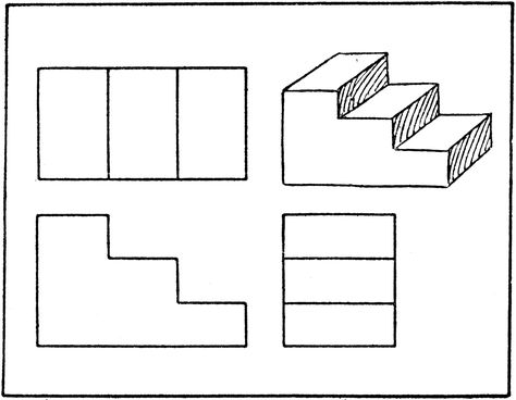 Orthographic Projection Drawing See rustic wood railing at http://awoodrailing.com Orthogonal Projection Drawing, Orthogonal Drawing, Orthographic Projection Drawing, Stairs Perspective, Simple Stairs, Oblique Drawing, Chair Sketch, Isometric Sketch, Isometric Drawing Exercises