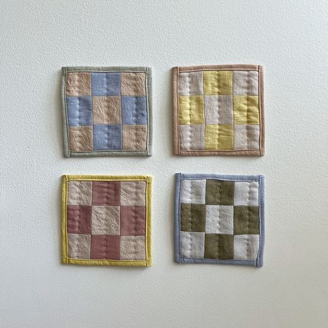 restocked on check coasters! So fun to pair colours for these guys Quilted Coasters, Crafts Sewing Patterns, Quilting Designs Patterns, Create Diy, Crafty Gifts, Diy Quilt, Patch Quilt, Fabric Projects, Craft Patterns