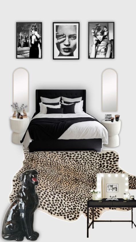 Modern black and white room with hints of gold Black White Brown Gold Bedroom, Gold And Black Bedroom Decor Ideas, Black And White Vanity Room, Black White Gold Room Bedrooms, Room Ideas Cheetah, Gold White And Black Bedroom, Cheetah Print Bedroom Aesthetic, Cheetah Print Room Ideas Bedrooms, Black And Cheetah Bedroom