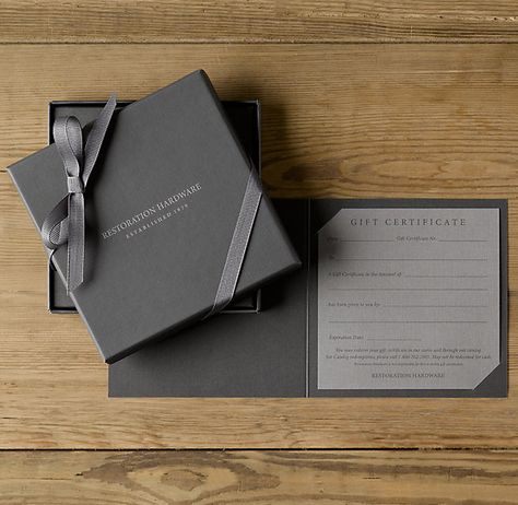 http://www.restorationhardware.com/catalog/category/category_gift_certificate.jsp?link=botnav_giftcert Luxury Box Design, Gift Voucher Design, Voucher Design, Luxury Packaging Design, Gift Card Design, Trendy Wedding Invitations, Luxury Invitation, Gift Box Design, Certificate Design