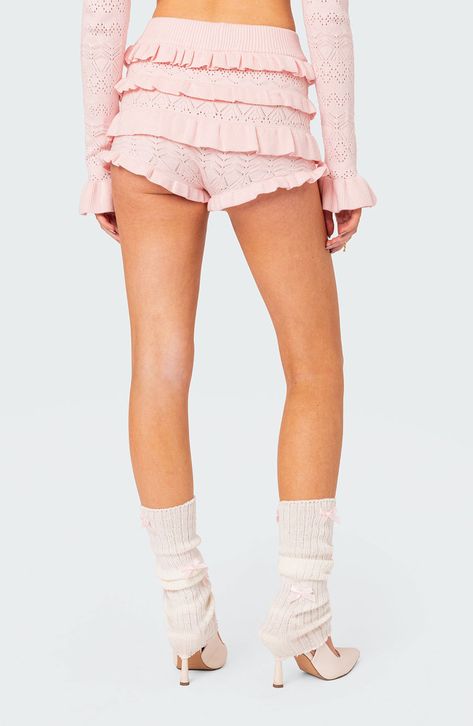 Frilly and flirty shorts are knit with pointelle and soft ruffles in a barely there length. Pull-on style 100% Acrilan acrylic Hand wash, dry flat Imported Pink Bloomers, Knitted Shorts, Bloomer Shorts, Casual Beach Wear, Gingham Shorts, Bloomers Shorts, Ruffle Design, Pink Ruffle, Ruffle Shorts