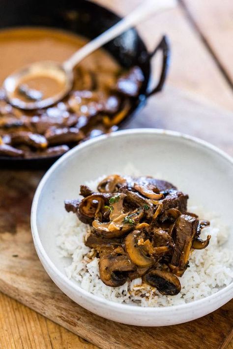 Winter Mushroom & Venison Stroganoff – Pipers Farm Venison Stroganoff, Buttery Mashed Potatoes, Venison Steak, Mushroom Stroganoff, Steak And Mushrooms, Wild Game Recipes, Wild Mushroom, Soup And Stew, Game Food