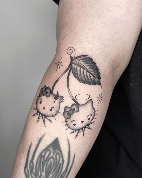 Hello Kitty Fairy Tattoo, Hello Kitty And Kuromi Tattoo, Hello Kitty Traditional Tattoo, Tiffany Tattoo, Job Tattoo, Here Tattoo, Cherry Tattoos, Tattoos To Cover Scars, Bestie Tattoo