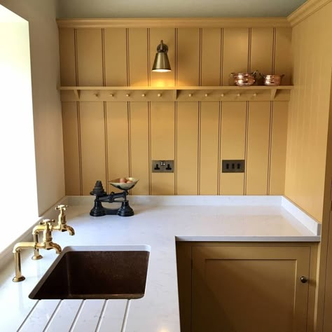 FOR THE LOVE OF KITCHENS - A KITCHEN FOR ENTERTAINING - The deVOL Journal - deVOL Kitchens Devol Pantry Cupboard, Ochre Kitchen, For The Love Of Kitchens, Kitchen No Uppers, Kitchen For Entertaining, Kitchen Cupboard Colours, No Upper Cabinets, Yellow Farmhouse, Magnolia Network