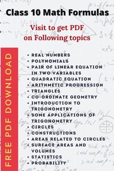 Class 10 Maths formula pdf download for free. This pdf include formulas for all class 10 math chapters. Class 10 Maths Formulas, Maths Formula Book, Maths Algebra Formulas, Mathematics Formula, Math Formula Sheet, Maths Formulas, 10th Grade Math, Learn Mathematics, Formula Sheet