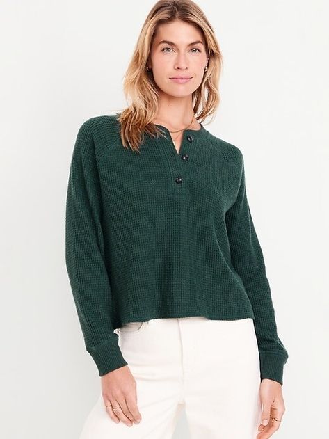 Cozy Thermal-Knit Henley Knitted Top Outfit, Waffle Henley, Work Fits, Henley T Shirt, Henley Sweater, Pajamas Gift, Waffle Knit Top, Green Outfit, Henley Top