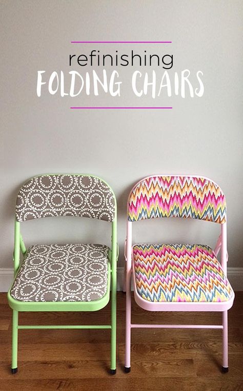 How to refinish folding chairs with fun fabric and colorful spray paint - DIY furniture makeover idea Diy Furniture Makeover Ideas, Diy Spray Paint, Fun Fabric, Paint Diy, Chair Makeover, Folding Chairs, Diy Chair, Diy Interior, Refurbished Furniture