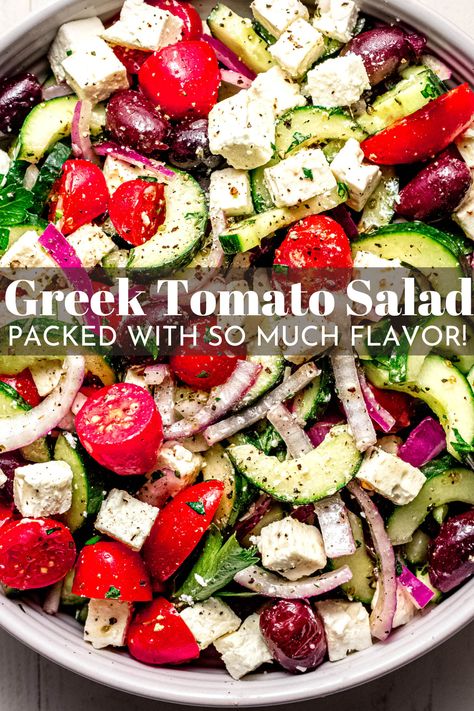 Greek Tomato Cucumber Salad with Feta Tomato Salad With Feta, Cucumber Tomato Feta Salad, Cucumber Pasta Salad, Salad Taco, Cucumber Feta Salad, Greek Cucumber Salad, Salad Macaroni, Grilled Potato Salad, Tomato Cucumber Salad