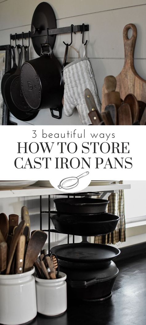 Cast Iron Cookware Care: Storage ideas to display cast iron skillets and pans in the kitchen. How to hang cast iron on the wall. Storing Cast Iron, Cast Iron Cookware Display, Cookware Display, Cast Iron Care, Cast Iron Pans, House Pantry, Cast Iron Decor, Cookware Storage, Cast Iron Skillets