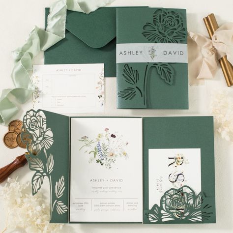 Card TypeDimensionCardstockPrinting MethodLaser Cut Wrap5.00 x 7.28 in (w x h)No.184 Emerald Green/Outer envelope5.24 x 7.48 in(w x h)No.010 Ivory Shimmer/Printed invitation4.72 x 7.09 in (w x h)No.339 WhiteDigital PrintingBelly Band13.39 x 1.38 in (w x h)No.358 White Matte Vellum Paper 180gsm/66lbDigital PrintingEnvelope for RSVP Card5.12 x 3.82 in (w x h)No.010 Ivory Shimmer/RSVP Card3.50 x 5.00 in (w x h)No.339 WhiteDouble-side Digital printing Cricut Wedding Invitations Rustic, Wedding Invite Cricut, Wedding Invitations Olive Leaves, Cricut Wedding Invite, Wedding Invites With Vellum, Sage Green And Wildflower Wedding, Wedding Invitations Garden Theme, Cricut Wedding Invites, Cricket Wedding Invitations