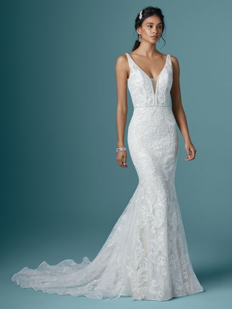 Henrietta Exquisite Lace Mermaid Bridal Dress | Maggie Sottero Deco Wedding Dress, Art Deco Wedding Dress, Sheath Wedding Dress Lace, Maggie Sottero Wedding Dresses, Pnina Tornai, Wedding Dress Pictures, Wedding Dresses Photos, Lace Mermaid, Maggie Sottero