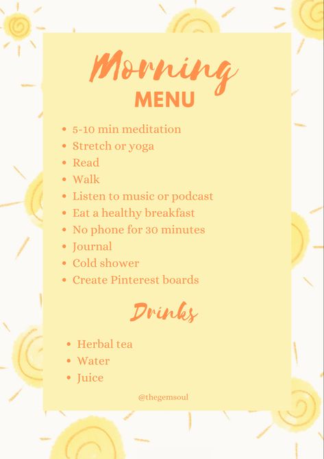 #morning #menu #morningroutine #manifestation #selflove #selfcare #morning #routine #goodvibes #follow #like Morning Menu Routine, Personal Rebrand, Summer Reset, Brain Tips, Morning Ideas, Shower Music, Yoga Reading, Atomic Habits, Vision Board Images