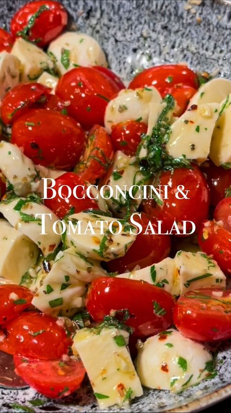 Rocco Gizzo | 🍝 Italian Cuisine | Bocconcini & Tomato Salad | This is staple in any good Italian deli. There are no real measurements for the seasoning, so use your… | Instagram Bocconcini Salad, Mini Mozzarella Balls, Italian Salad Recipes, Mozzarella Balls, Marinated Tomatoes, Italian Deli, Veg Dishes, Italian Salad, Tomato And Cheese