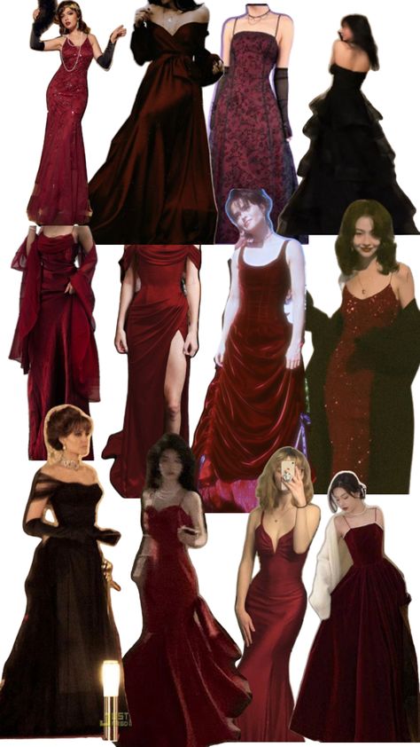 Casual Formal Dinner Outfit, Red Dress And Gloves, Dark Red Outfit Aesthetic, Dark Red Prom Dress, Cherry Red Dress, Yule Ball Dress, Theatre Outfit, Hoco Ideas, Dress And Gloves