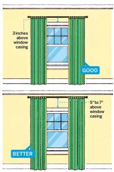 The RIGHT way to hang curtains and curtain rods - Click the image for DIY Curtain Ideas! - www.classyclutter.net Hang Curtains High, 1000 Lifehacks, Hang Curtains, Casa Clean, Window Casing, Diy Curtains, Hanging Curtains, Interior Design Tips, My New Room