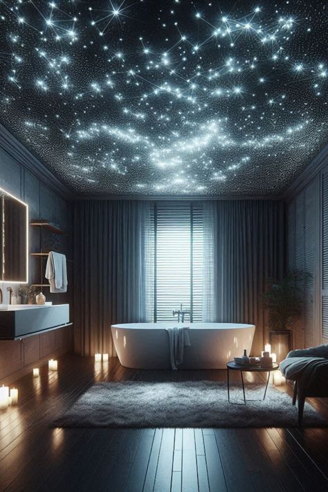 Create a magical atmosphere with a fiber optic starry ceiling. Turn your bathroom into a celestial retreat. #FiberOpticLighting #StarryCeiling Starlight Ceiling Bathroom, Fiber Optic Ceiling, Starry Ceiling, Ceiling Bathroom, Star Lights On Ceiling, Fiber Optic Lighting, Bathroom Ceiling, Star Constellations, Lighting Ideas