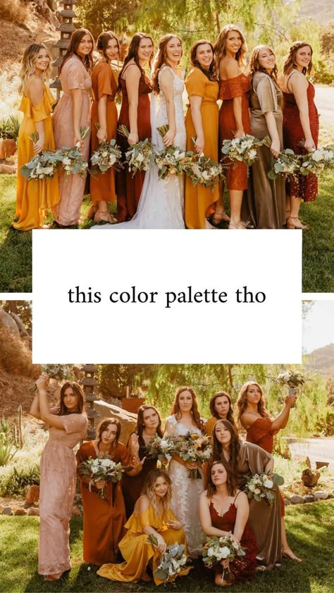 Fall Sunflower Wedding Theme Bridesmaid Dresses, Natural Wedding Style, Yellow Fall Wedding Colors, Fall Colors Bridesmaid Dresses, Yellow Orange Bridesmaid Dresses, Bridesmaid Different Color Dresses, Fall Yellow Wedding, Sunrise Wedding Colors, Bridesmaid Dresses Fall Colors