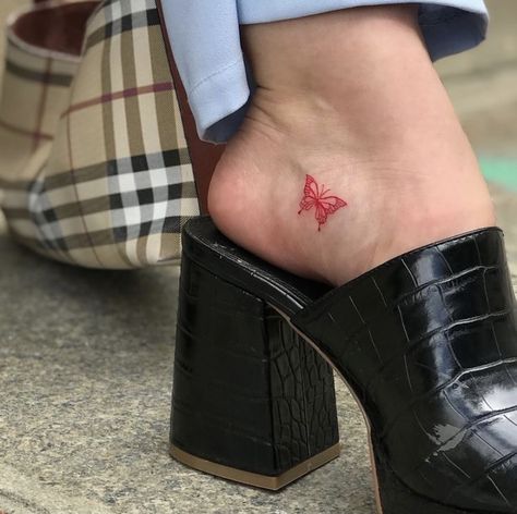 Butterfly Foot Tattoo, Tiny Tattoos For Women, Foot Tattoos For Women, Red Ink Tattoos, Red Tattoos, Platform Mules, Jewelry Tattoo, Discreet Tattoos, Dainty Tattoos